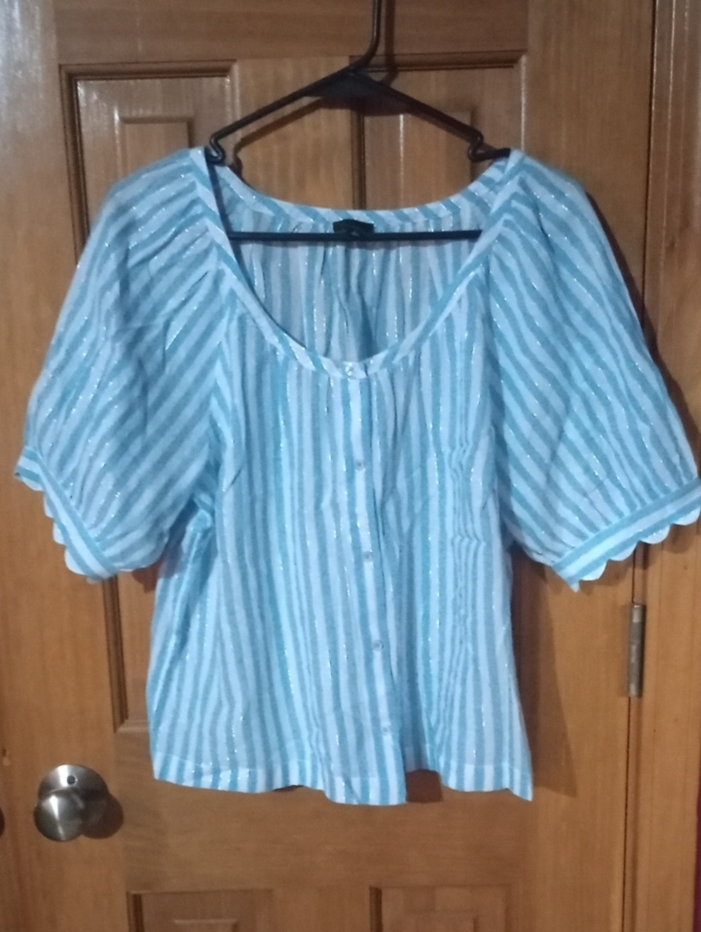 Talbots Light Blue & White Striped Metallic-Thread Blouse
